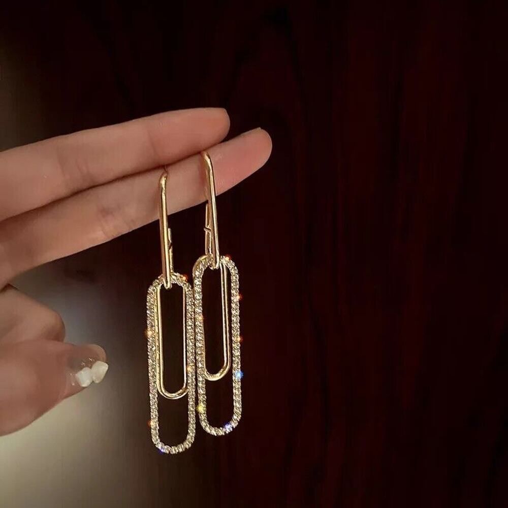 Los Angeles Boutique Dangle Long Rectangle Gold Earrings Rhinestone Crystal NEW - Picture 2 of 8